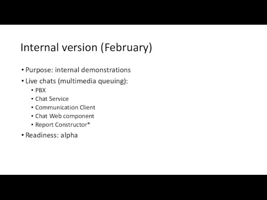 Internal version (February) Purpose: internal demonstrations Live chats (multimedia queuing):