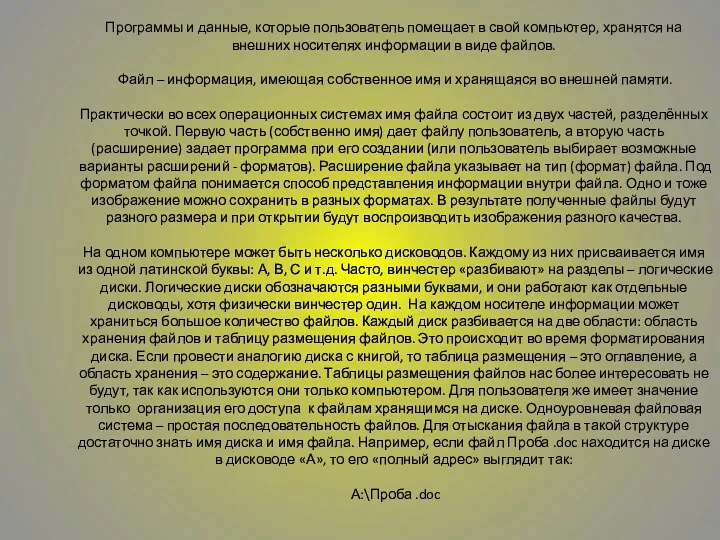 Файловая система Программы и данные, которые пользователь помещает в свой