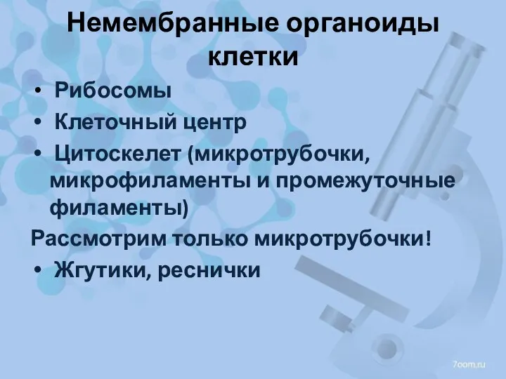 Немембранные органоиды клетки Рибосомы Клеточный центр Цитоскелет (микротрубочки, микрофиламенты и