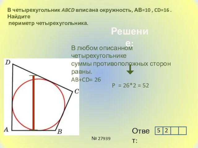 В четырехугольник ABCD вписана окружность, АВ=10 , CD=16 . Найдите периметр четырехугольника. Решение: