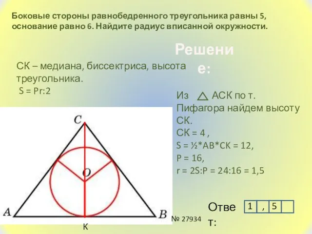 Боковые стороны равнобедренного треугольника равны 5, основание равно 6. Найдите радиус вписанной окружности.