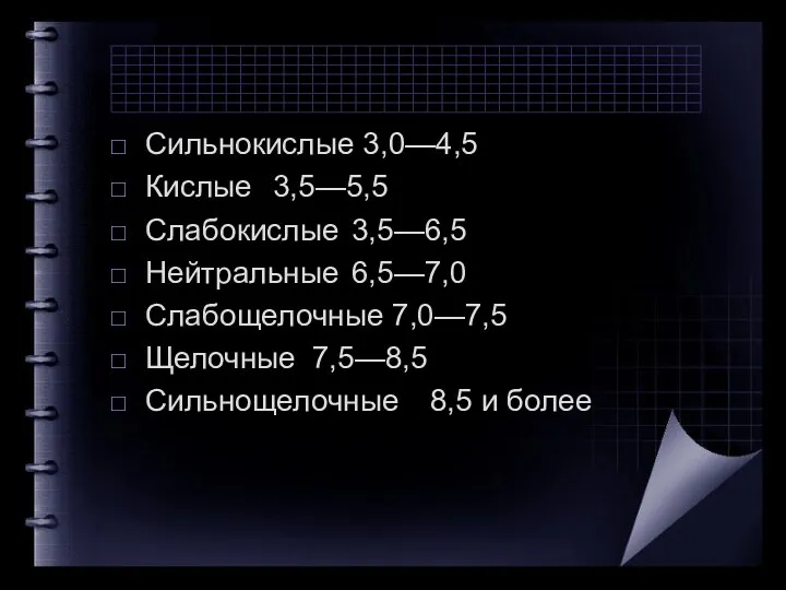 Сильнокислые 3,0—4,5 Кислые 3,5—5,5 Слабокислые 3,5—6,5 Нейтральные 6,5—7,0 Слабощелочные 7,0—7,5 Щелочные 7,5—8,5 Сильнощелочные 8,5 и более