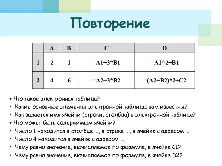 Повторение Что такое электронная таблица? Какие основные элементы электронной таблицы