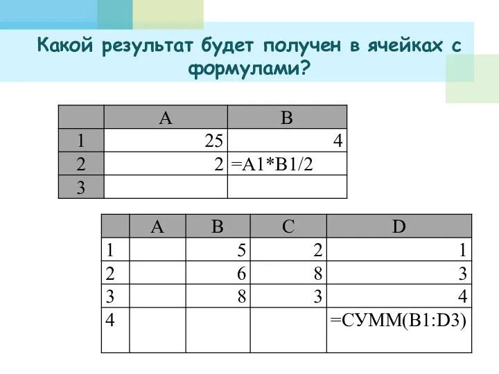 Какой результат будет получен в ячейках с формулами?