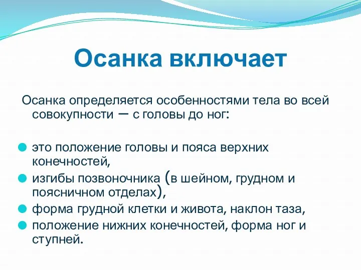 Осанка включает Осанка определяется особенностями тела во всей совокупности —