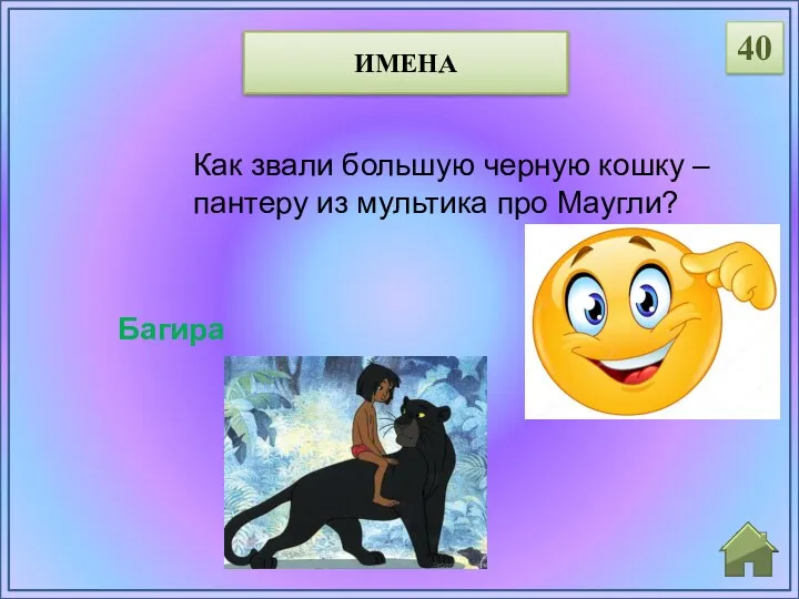 Багира Как звали большую черную кошку – пантеру из мультика про Маугли? 40 ИМЕНА