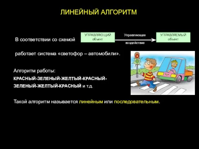 ЛИНЕЙНЫЙ АЛГОРИТМ В соответствии со схемой работает система «светофор –