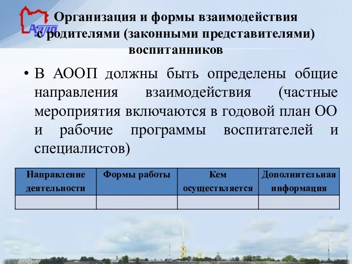 Организация и формы взаимодействия с родителями (законными представителями) воспитанников В