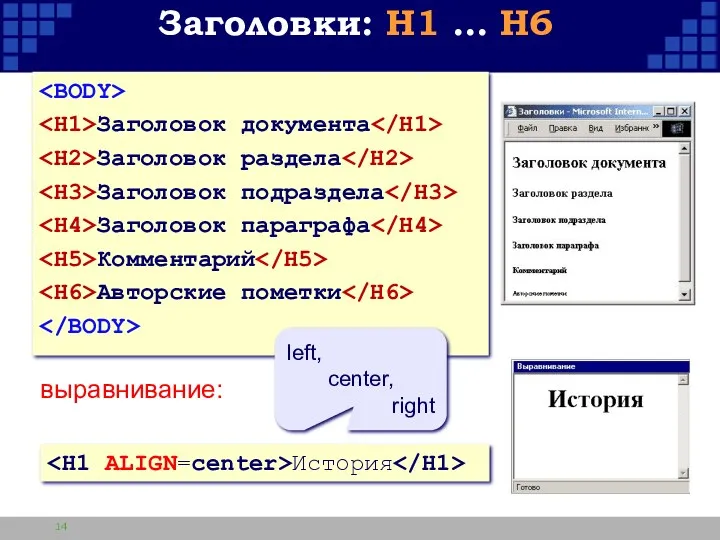 Заголовки: H1 … H6 Заголовок документа Заголовок раздела Заголовок подраздела