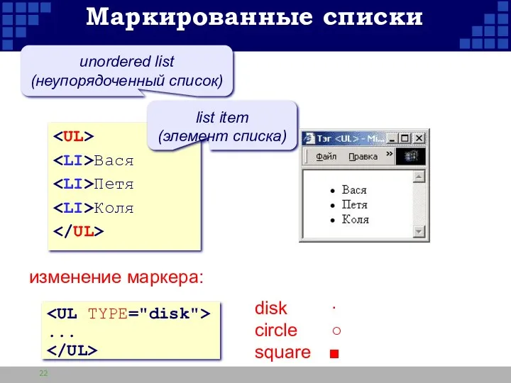 Маркированные списки Вася Петя Коля unordered list (неупорядоченный список) list