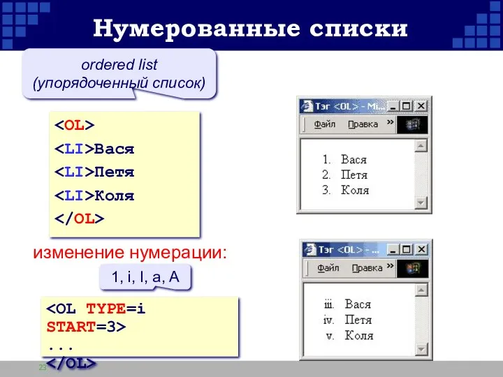 Нумерованные списки Вася Петя Коля ordered list (упорядоченный список) изменение