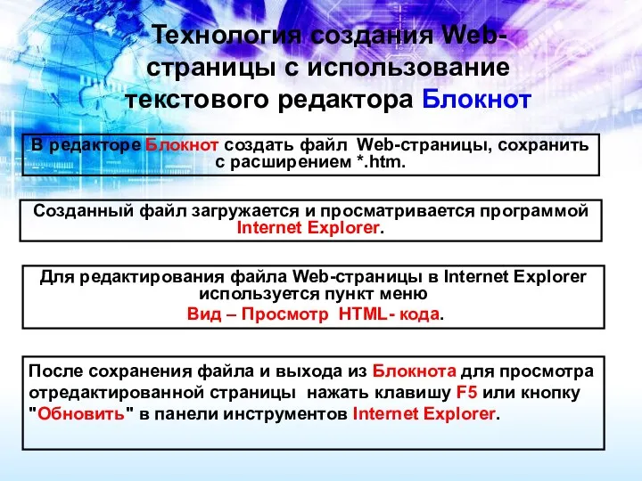 Технология создания Web-страницы с использование текстового редактора Блокнот В редакторе