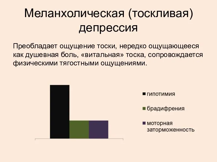 Меланхолическая (тоскливая) депрессия Преобладает ощущение тоски, нередко ощущающееся как душевная