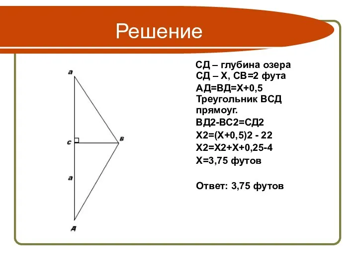 Решение СД – глубина озера СД – Х, СВ=2 фута АД=ВД=Х+0,5 Треугольник ВСД