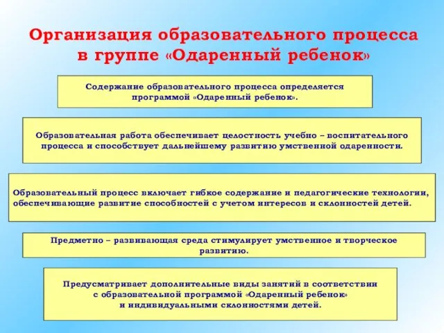 Организация образовательного процесса в группе «Одаренный ребенок» Образовательный процесс включает