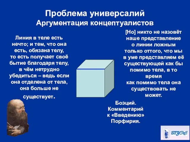 Проблема универсалий Аргументация концептуалистов Линия в теле есть нечто; и тем, что она