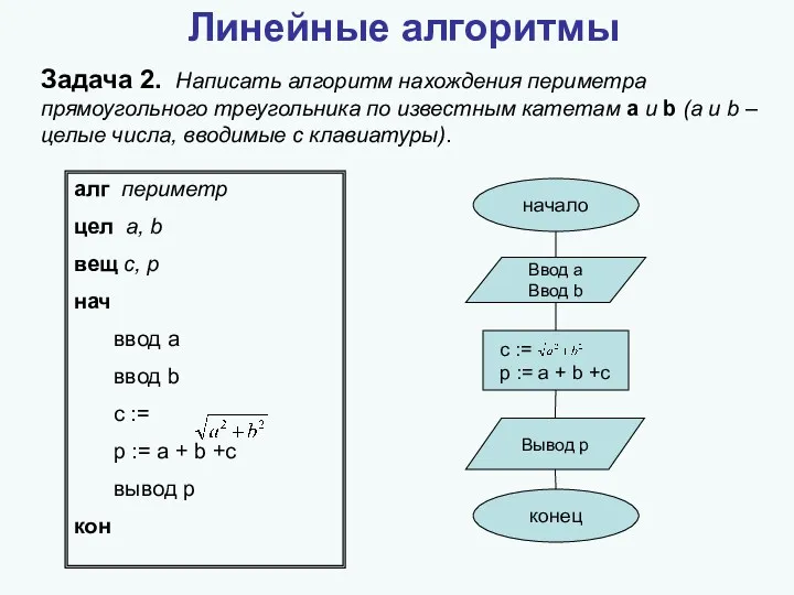 Линейные алгоритмы Задача 2. Написать алгоритм нахождения периметра прямоугольного треугольника