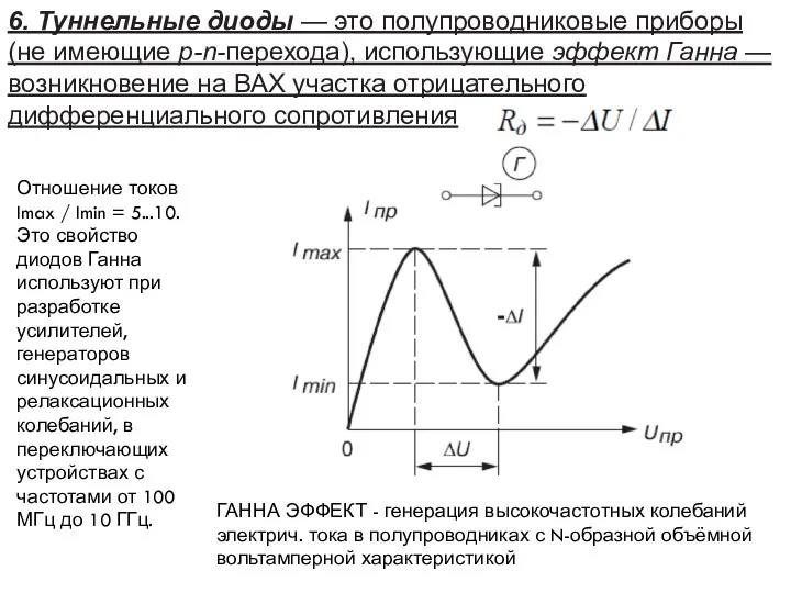 6. Туннельные диоды — это полупроводниковые приборы (не имеющие p-n-перехода), использующие эффект Ганна