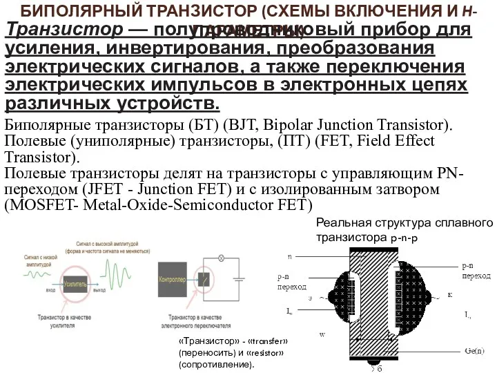 БИПОЛЯРНЫЙ ТРАНЗИСТОР (СХЕМЫ ВКЛЮЧЕНИЯ И H-ПАРА­МЕТ­РЫ) «Транзистор» - «transfer» (переносить) и «resistor» (сопротивление).