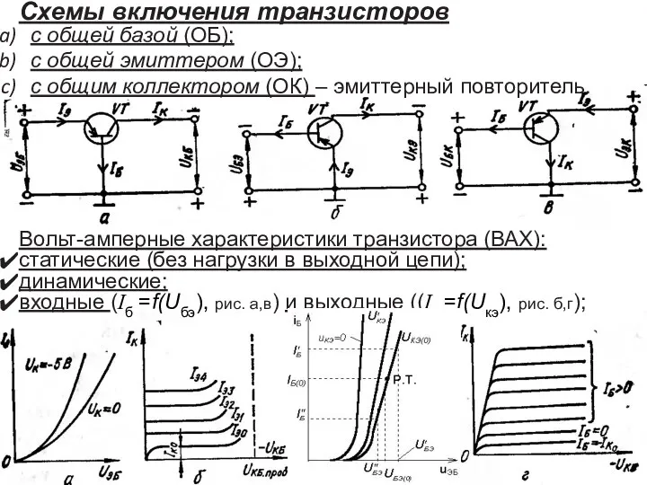 Схемы включения транзисторов с общей базой (ОБ); с общей эмиттером (ОЭ); с общим