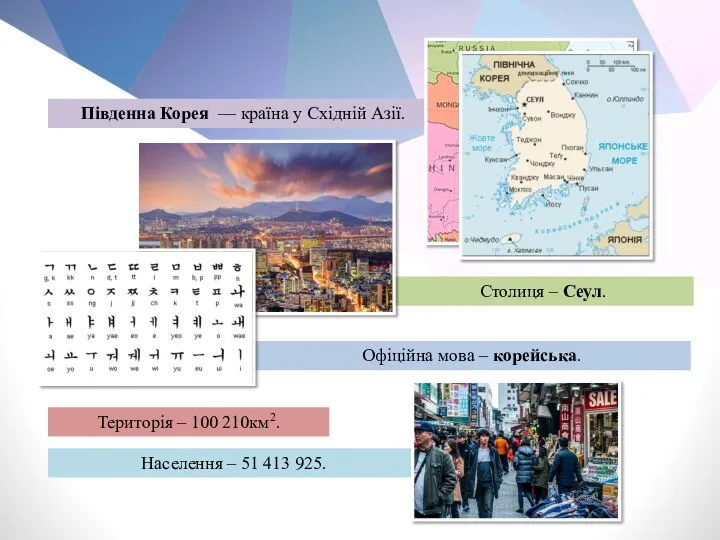 Південна Корея — країна у Східній Азії. Столиця – Сеул.