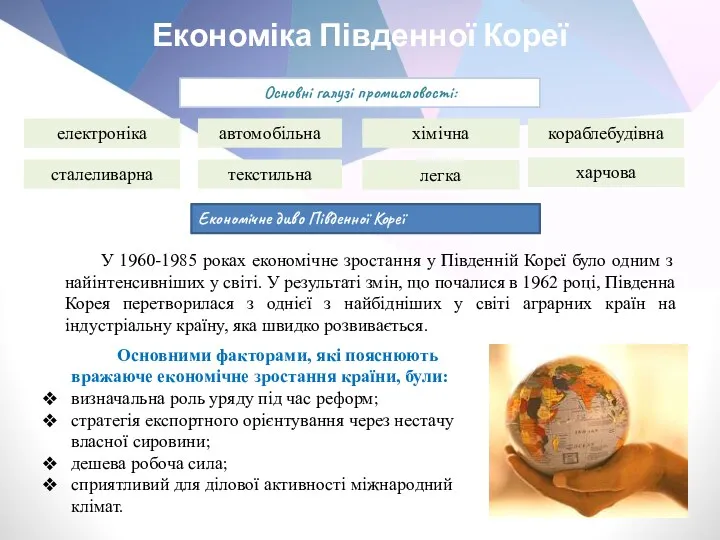 Економіка Південної Кореї Основні галузі промисловості: електроніка автомобільна хімічна кораблебудівна