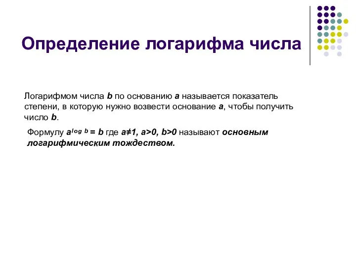 Определение логарифма числа Логарифмом числа b по основанию a называется