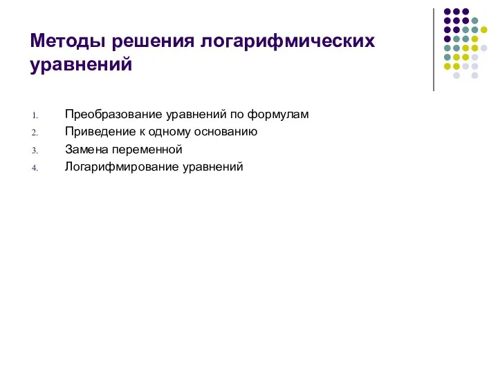 Методы решения логарифмических уравнений Преобразование уравнений по формулам Приведение к одному основанию Замена переменной Логарифмирование уравнений