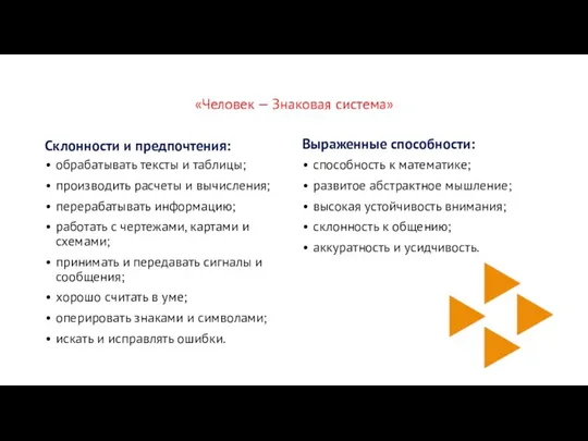 «Человек — Знаковая система» Склонности и предпочтения: обрабатывать тексты и