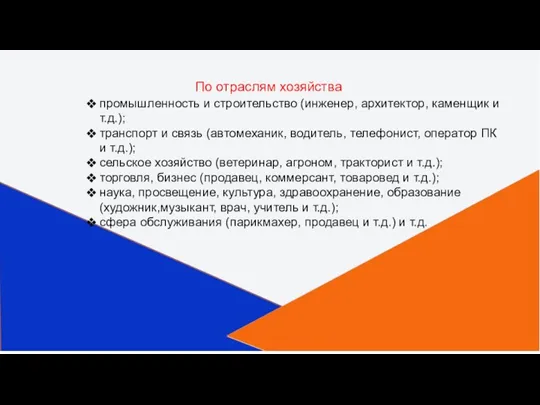 По отраслям хозяйства промышленность и строительство (инженер, архитектор, каменщик и