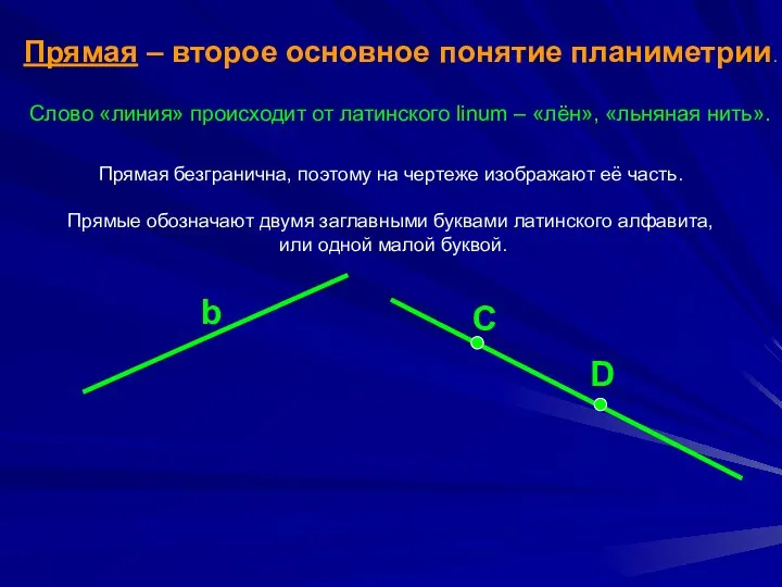 Слово «линия» происходит от латинского linum – «лён», «льняная нить». Прямая – второе основное понятие планиметрии.