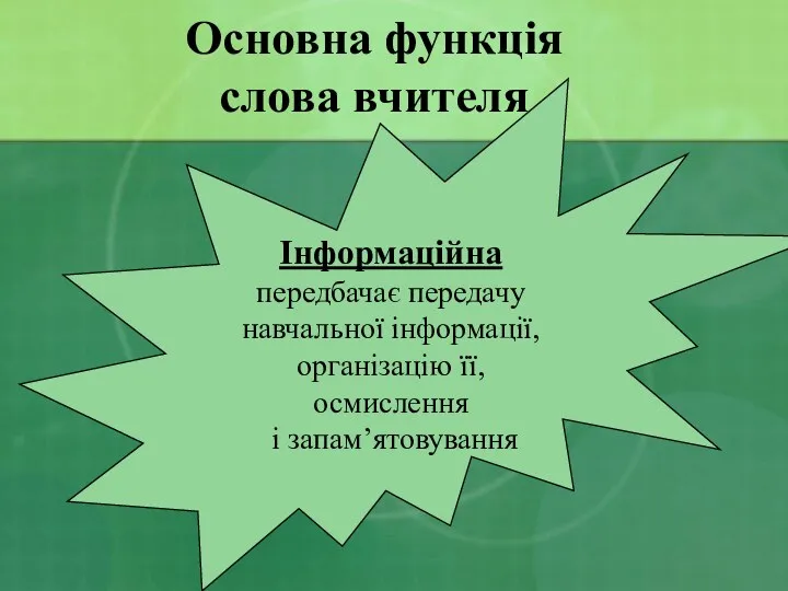 Основна функція слова вчителя Інформаційна передбачає передачу навчальної інформації, організацію її, осмислення і запам’ятовування