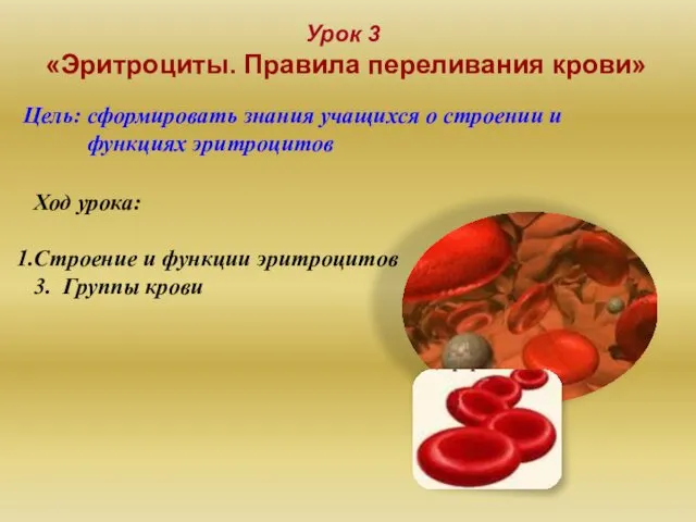 Урок 3 «Эритроциты. Правила переливания крови» Цель: сформировать знания учащихся о строении и