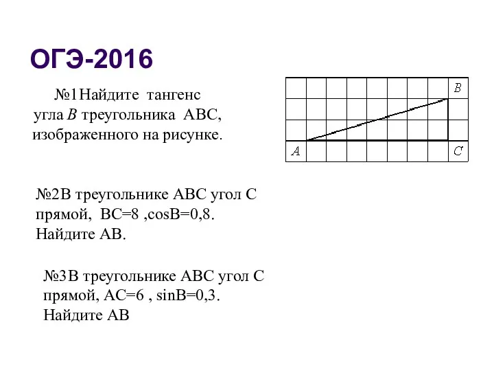 ОГЭ-2016 №1 Найдите тангенс угла В треугольника АВС, изображенного на