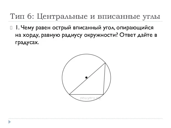 Тип 6: Центральные и вписанные углы 1. Чему равен острый