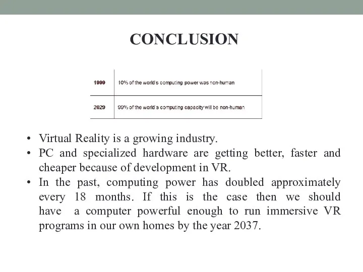CONCLUSION Virtual Reality is a growing industry. PC and specialized