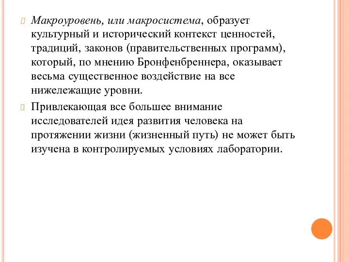 Макроуровень, или макросистема, образует культурный и исторический контекст ценностей, традиций, законов (правительственных программ),