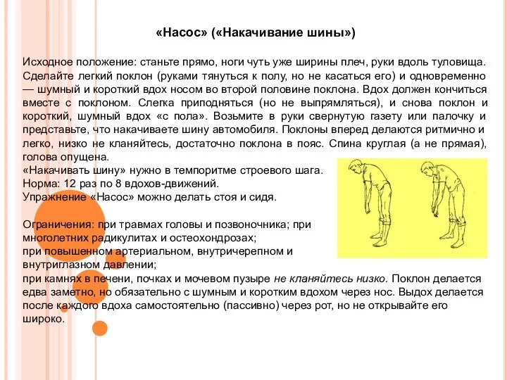 «Насос» («Накачивание шины») Исходное положение: станьте прямо, ноги чуть уже