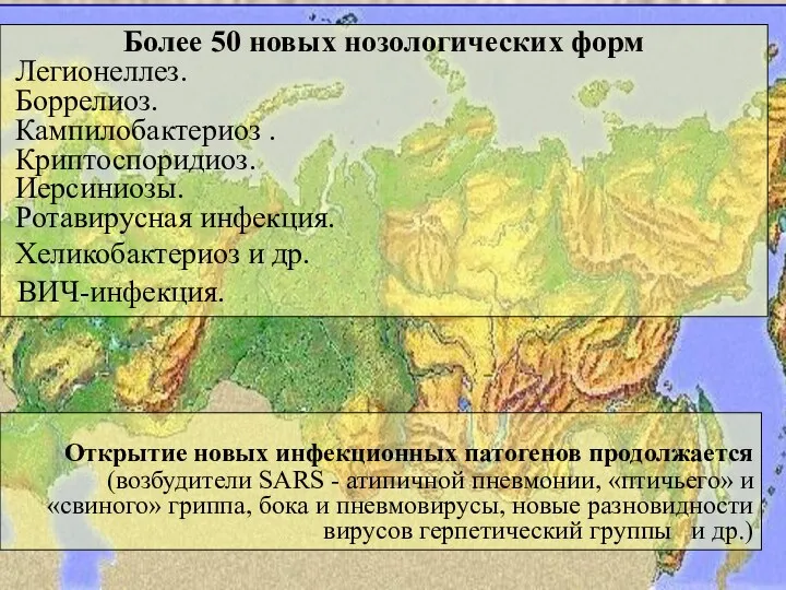 Более 50 новых нозологических форм Легионеллез. Боррелиоз. Кампилобактериоз . Криптоспоридиоз.