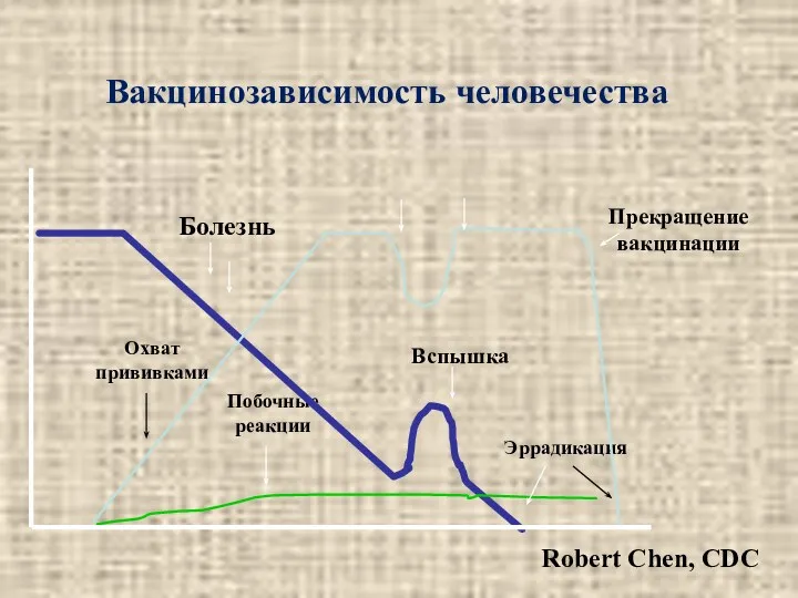 Болезнь Охват прививками Побочные реакции Вспышка Эррадикация Прекращение вакцинации Вакцинозависимость человечества Robert Chen, CDC