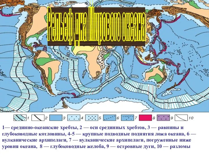 1— срединно-океанские хребты, 2 — оси срединных хребтов, 3 — равнины и глубоководные