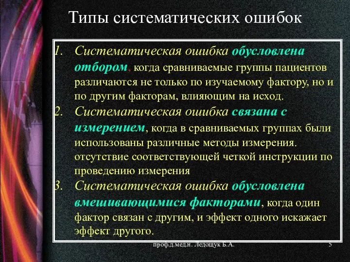 проф.д.мед.н. Ледощук Б.А. Систематическая ошибка обусловлена отбором, когда сравниваемые группы