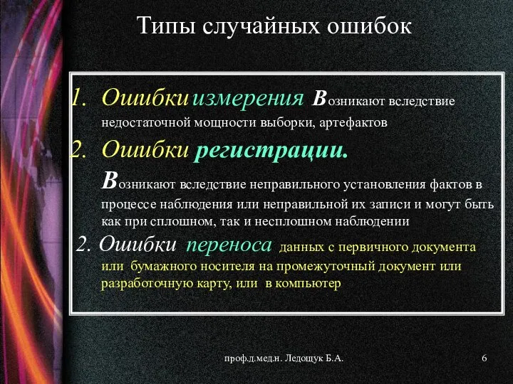 проф.д.мед.н. Ледощук Б.А. Ошибки измерения Возникают вследствие недостаточной мощности выборки,