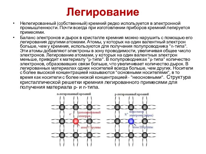 Легирование Нелегированный (собственный) кремний редко используется в электронной промышленности. Почти