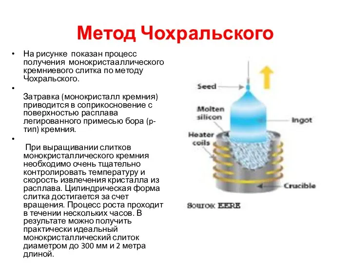 Метод Чохральского На рисунке показан процесс получения монокристааллического кремниевого слитка