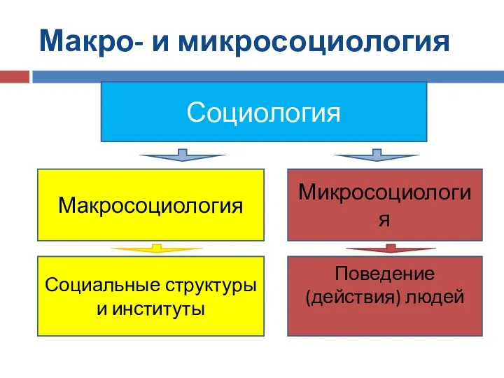 Макро- и микросоциология Социология Макросоциология Микросоциология Социальные структуры и институты Поведение (действия) людей