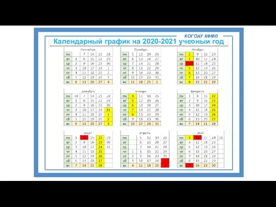Календарный график на 2020-2021 учебный год КОГОАУ КФМЛ
