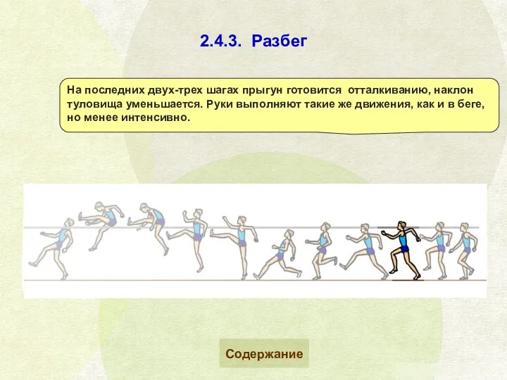 2.4.3. Разбег На последних двух-трех шагах прыгун готовится отталкиванию, наклон