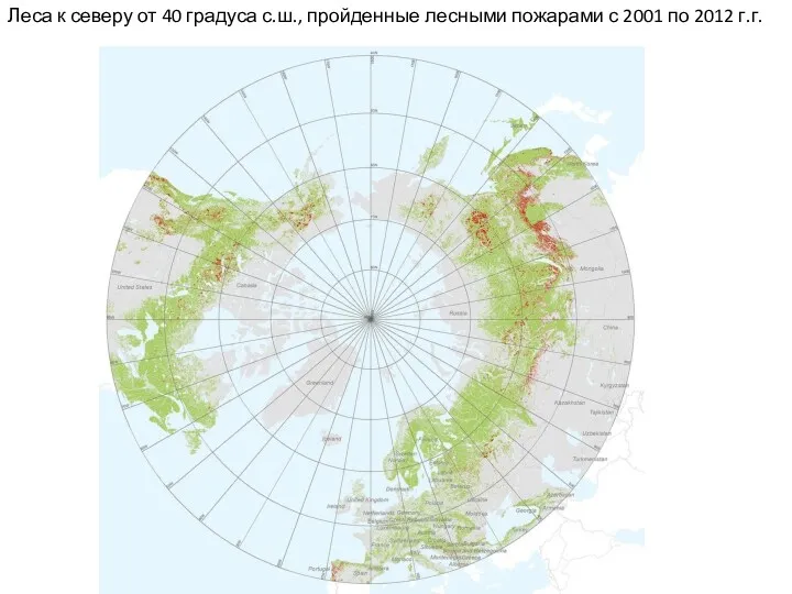 Леса к северу от 40 градуса с.ш., пройденные лесными пожарами с 2001 по 2012 г.г.