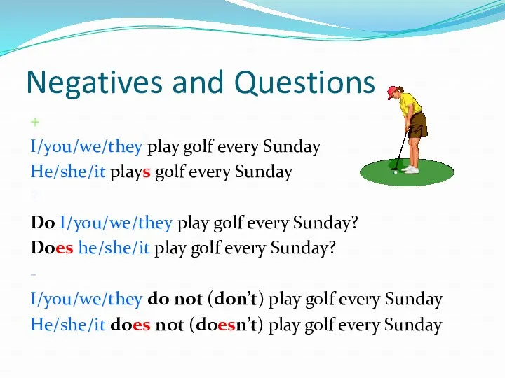 Negatives and Questions + I/you/we/they play golf every Sunday He/she/it